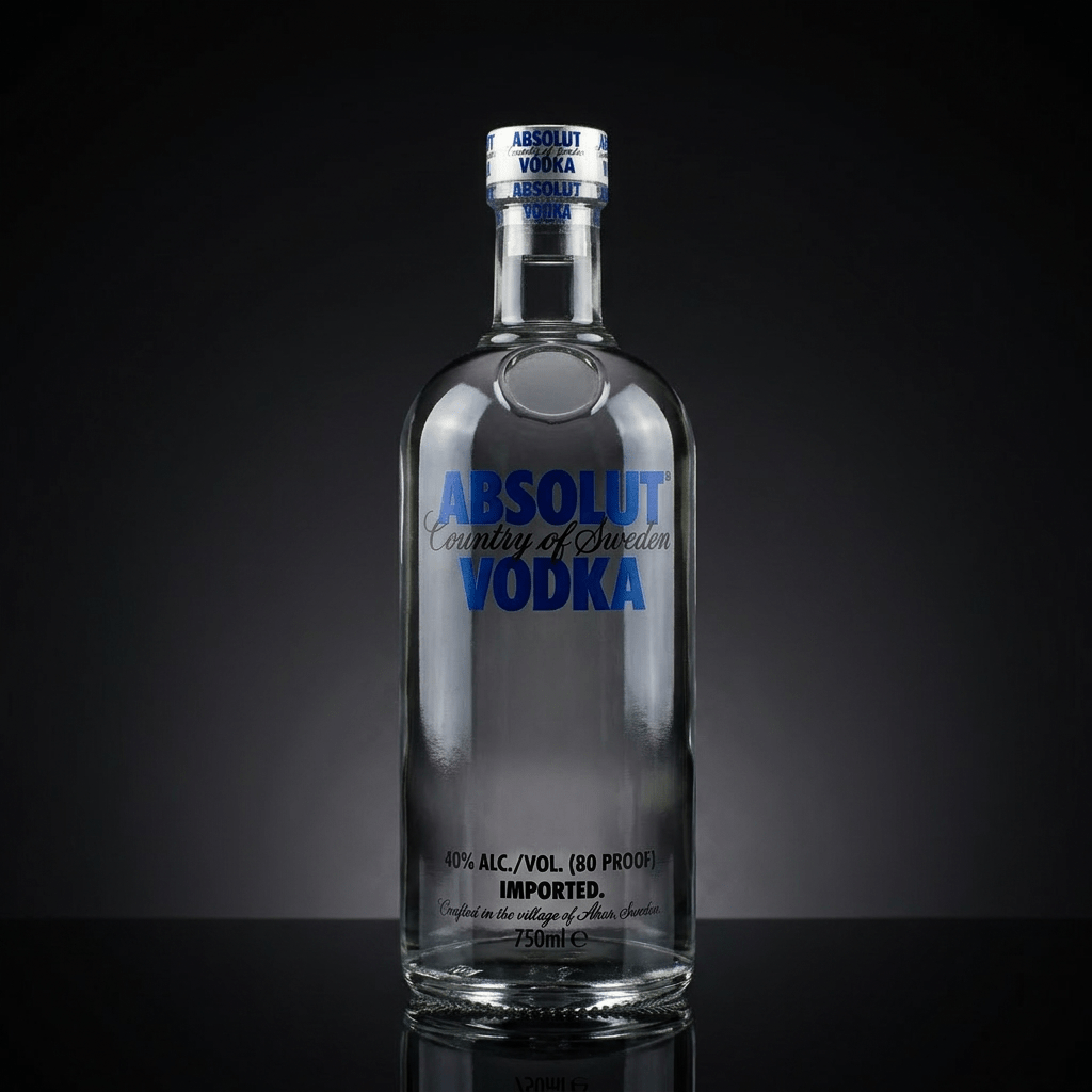 Clear Absolut Vodka bottle with blue and black text on white background